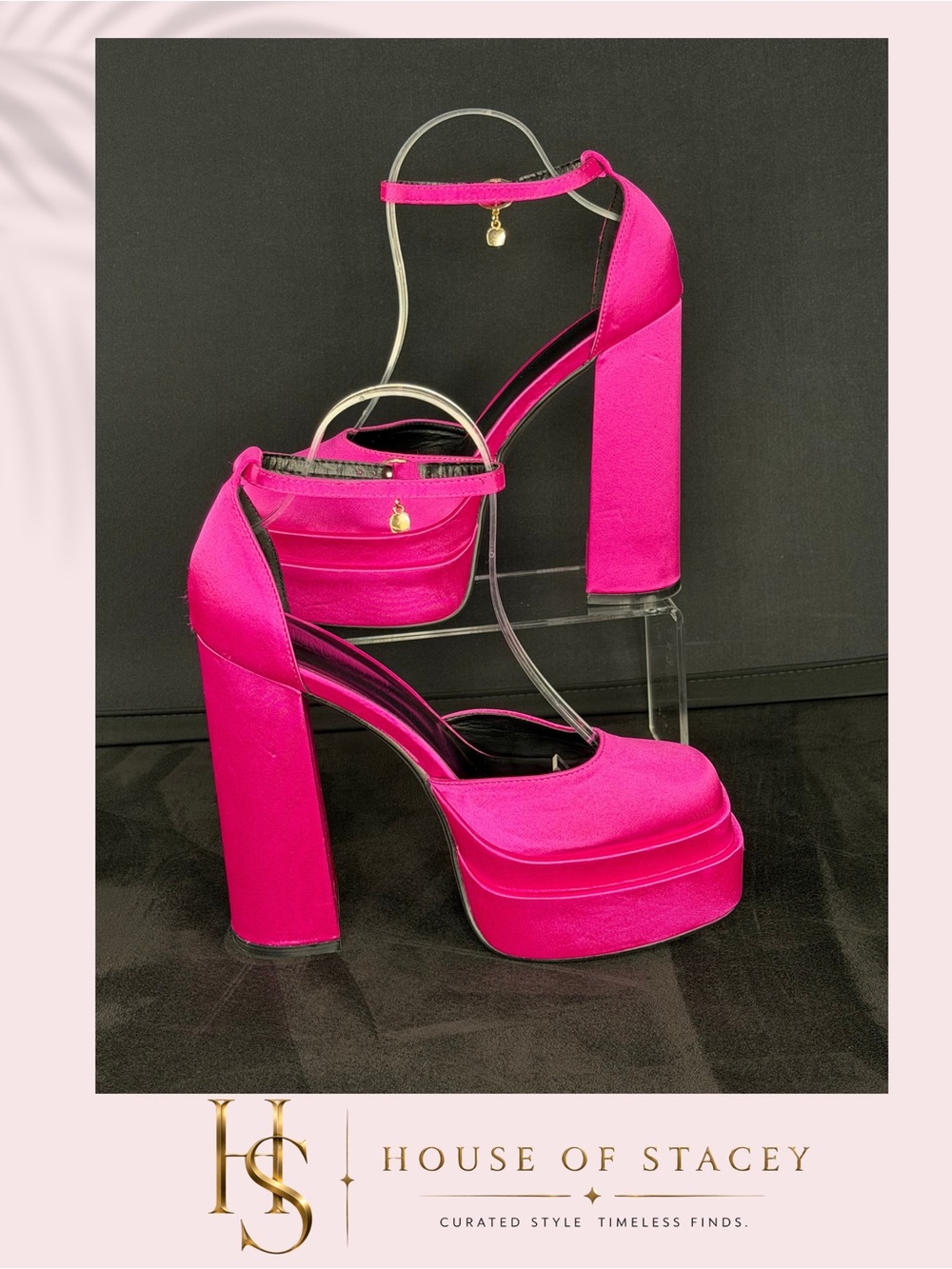 Hot Pink Satin Platform Ankle Strap Block Heels Size 9